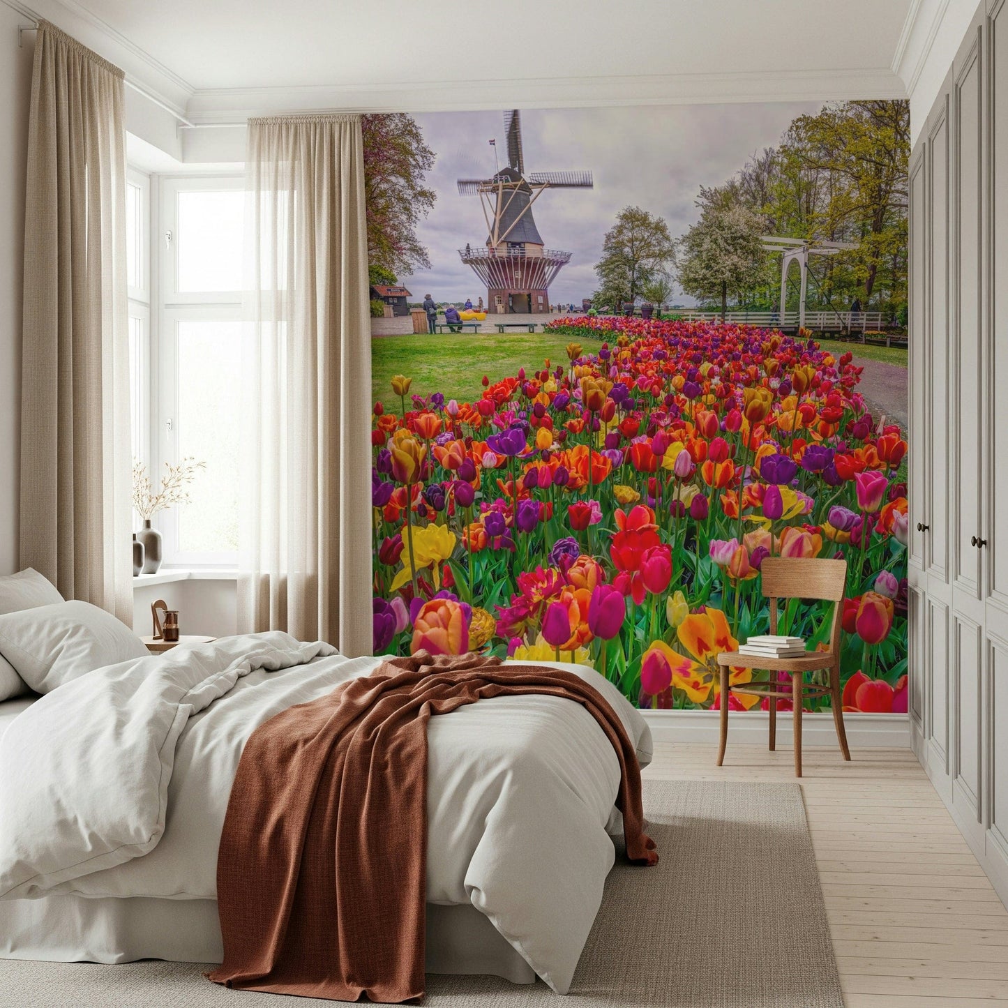 Sunny kitchen backdrop featuring Tulip Windmill Garden Wall Mural.