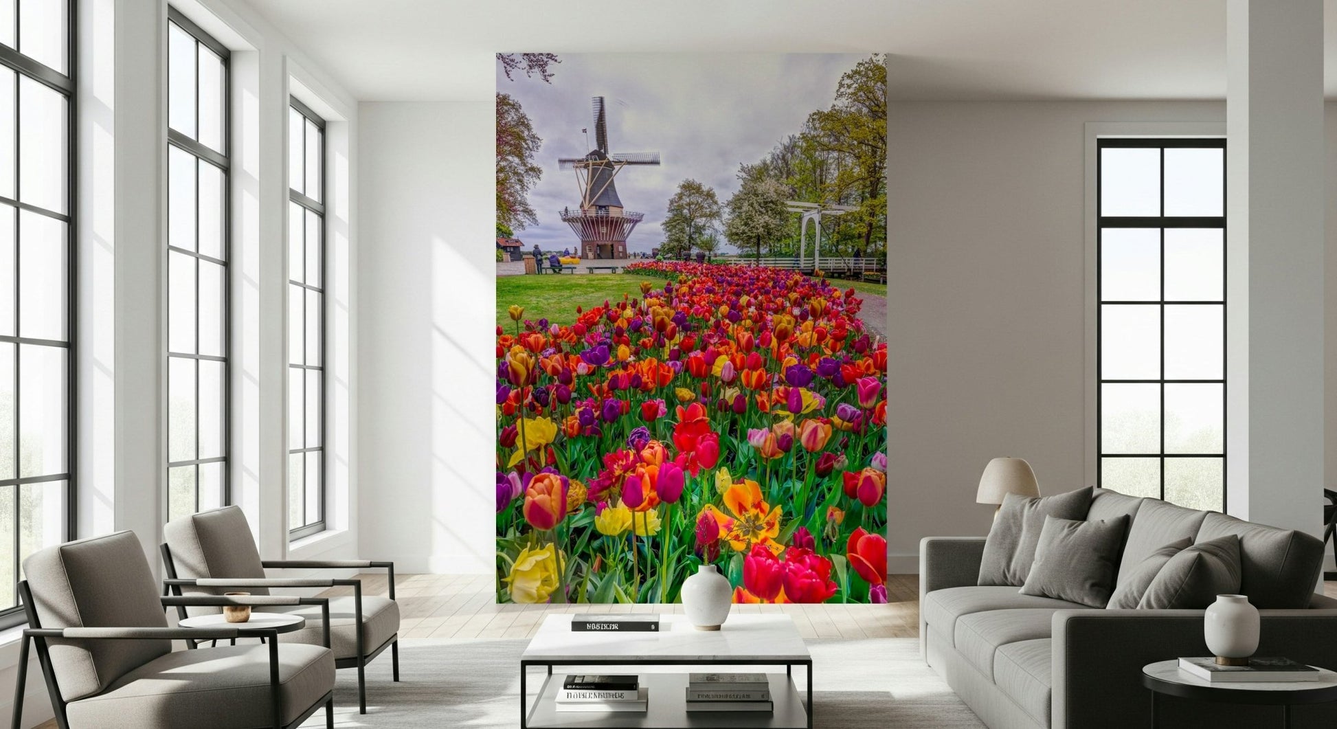 Tulip Windmill Garden Wall Mural in a bright spacious lounge.