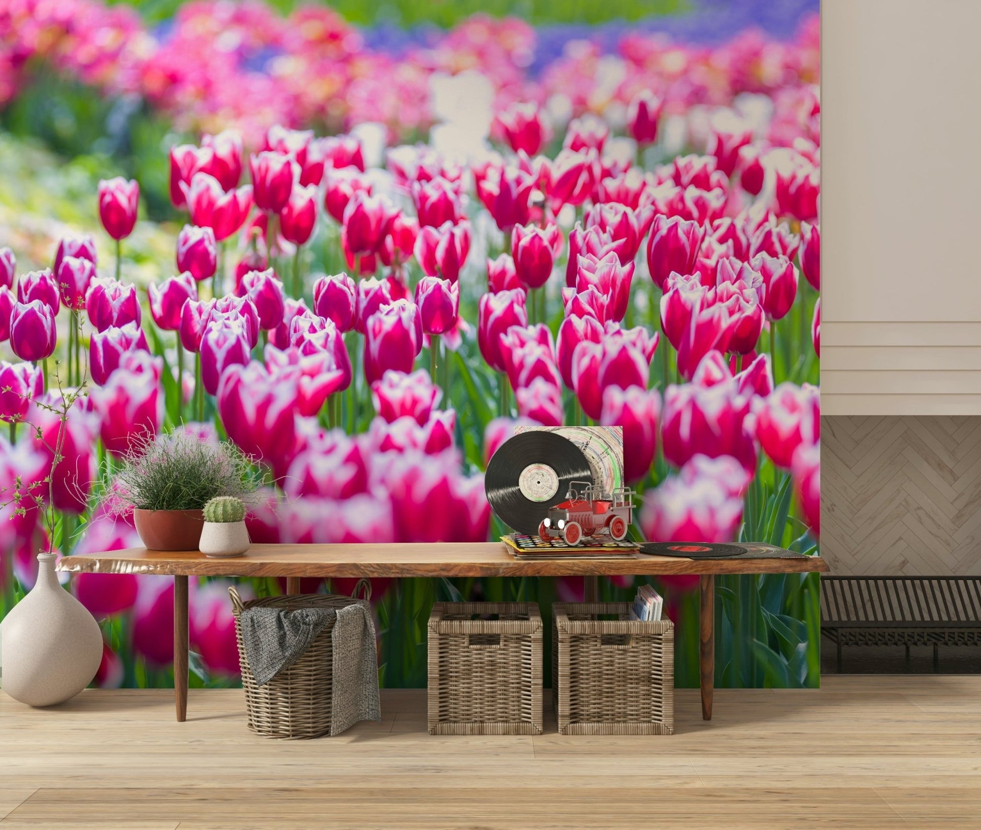 Children's playroom feature wall with the cheerful Tulip Wonderland Wall Mural.