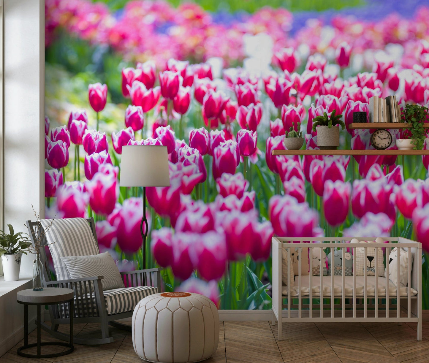 Tulip Wonderland Wall Mural providing a vibrant background to a modern desk.