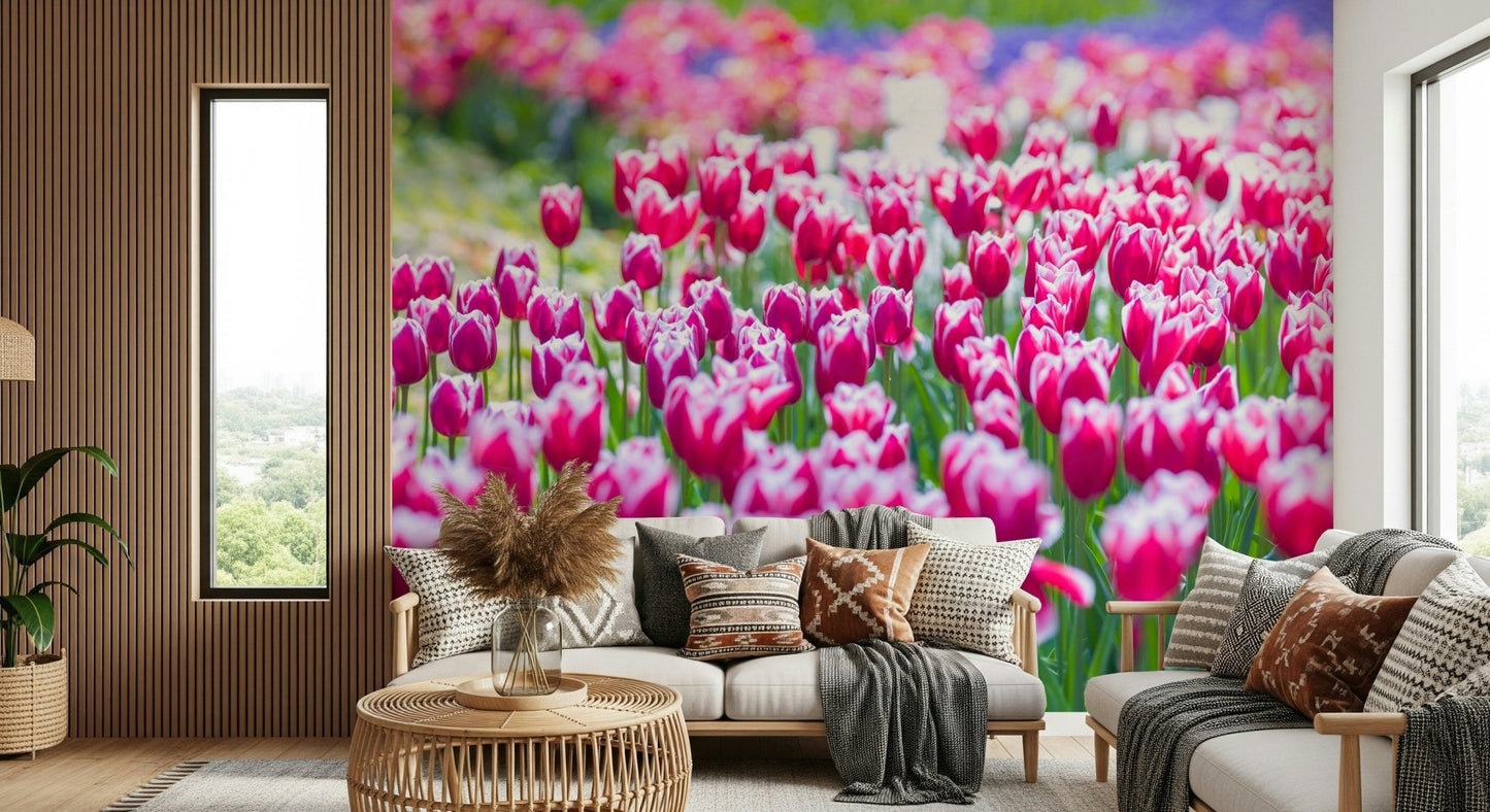 Delicate brushstrokes visible on the stylized tulips in the Tulip Wonderland Wall Mural.