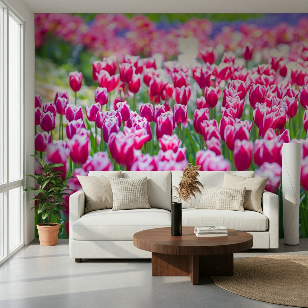 Breakfast nook accented by the cheerful Tulip Wonderland Wall Mural pattern.