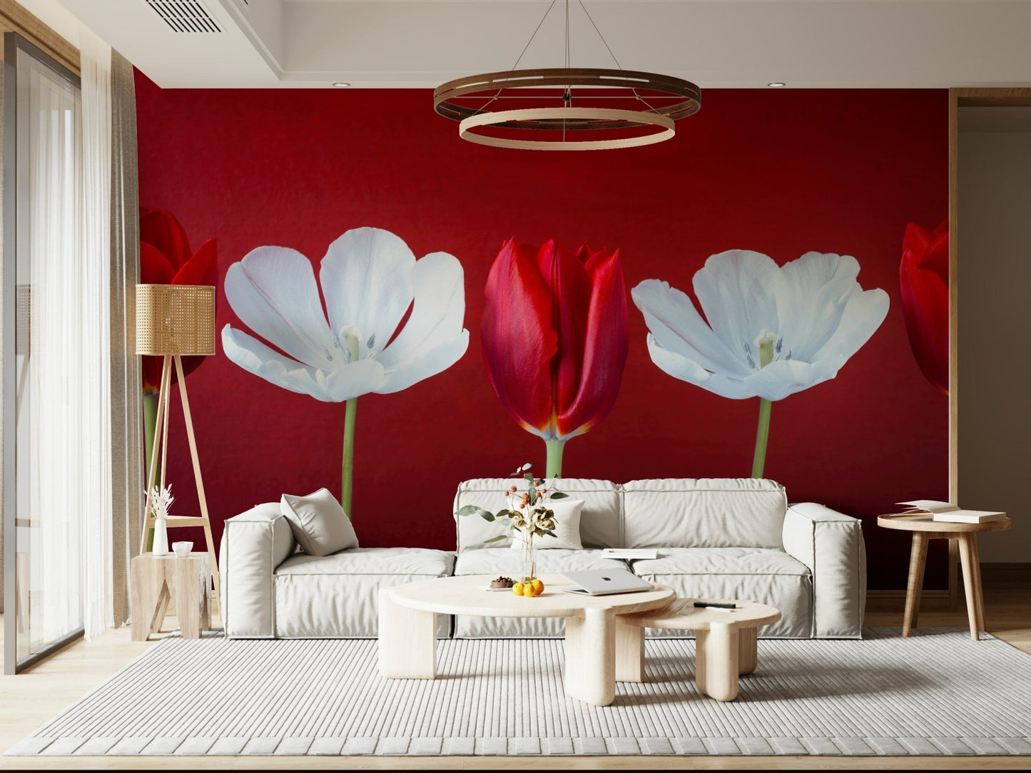 Modern Crimson Poppy Field peel and stick wallpaper accents.