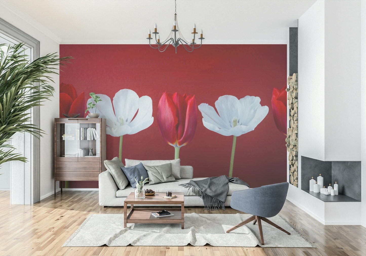 Crimson Poppy Field mural displays striking ruby floral patterns.