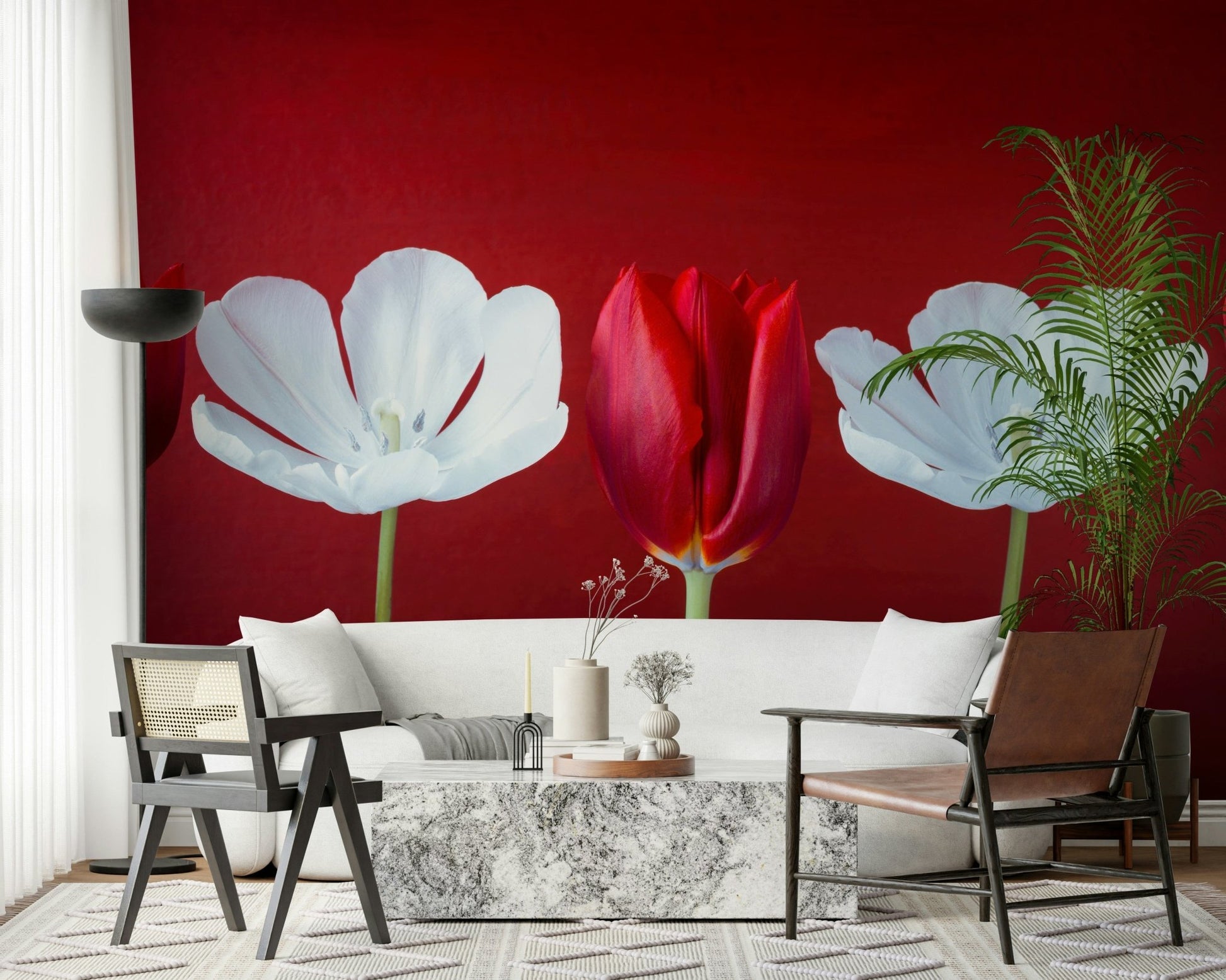 Vibrant red tulips adorn this Crimson Poppy Field mural.