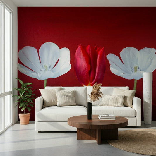 Minimalist Crimson Poppy Field peel and stick wallpaper design.