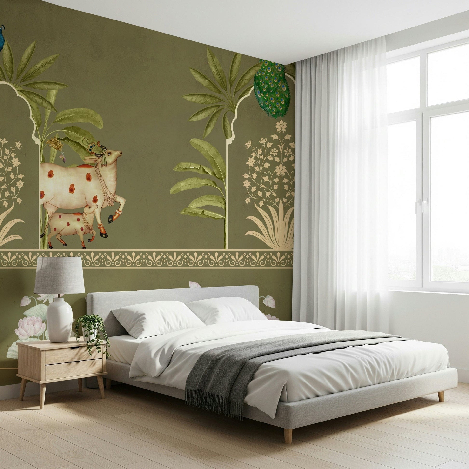 Tulsi-Green Kamdhenu mural for feature wall in living room