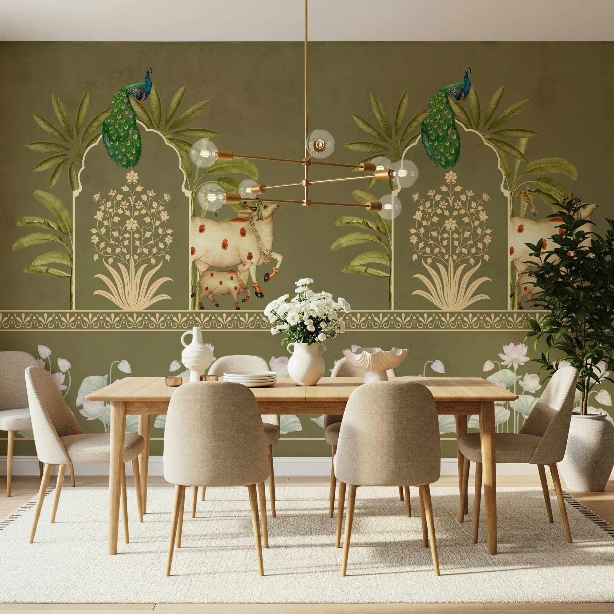 Green traditional wall mural behind sofa in modern apartment, GD7526