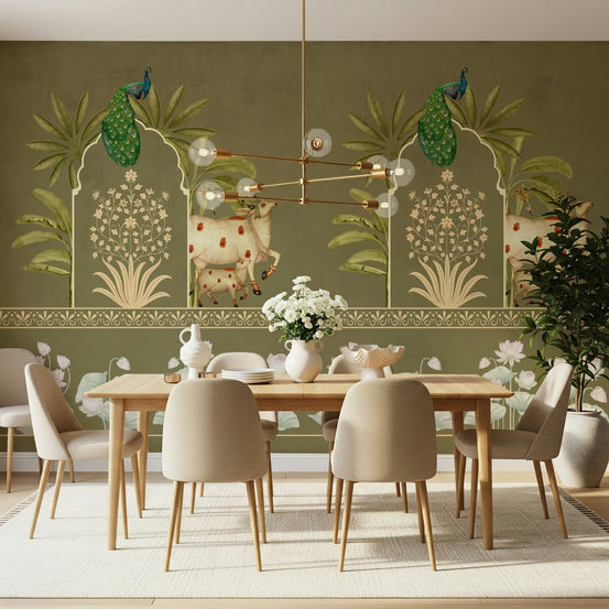 Green traditional wall mural behind sofa in modern apartment, GD7526