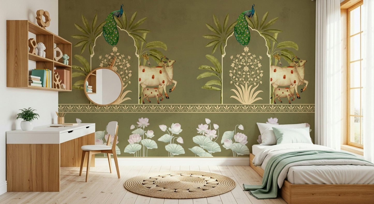Indian-inspired Kamdhenu wall mural for peaceful bedroom wall
