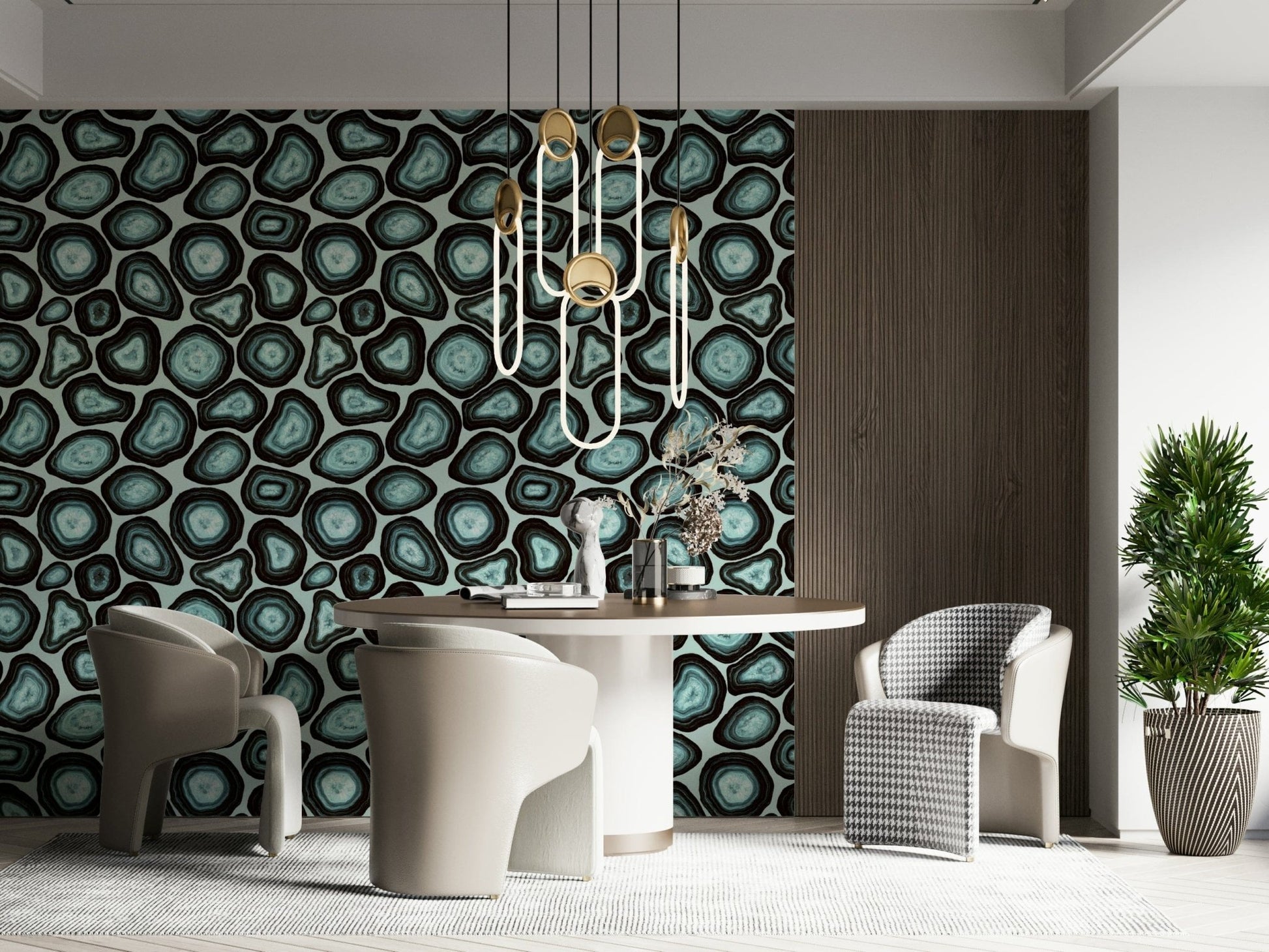 Abstract Turquoise Agate Flow wall covering, layered rock slices, bold graphic.