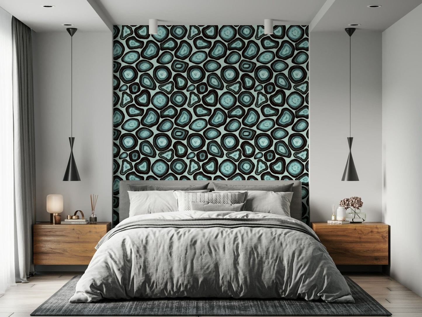 High-contrast Turquoise Agate Flow mural, rich colors, geological pattern.