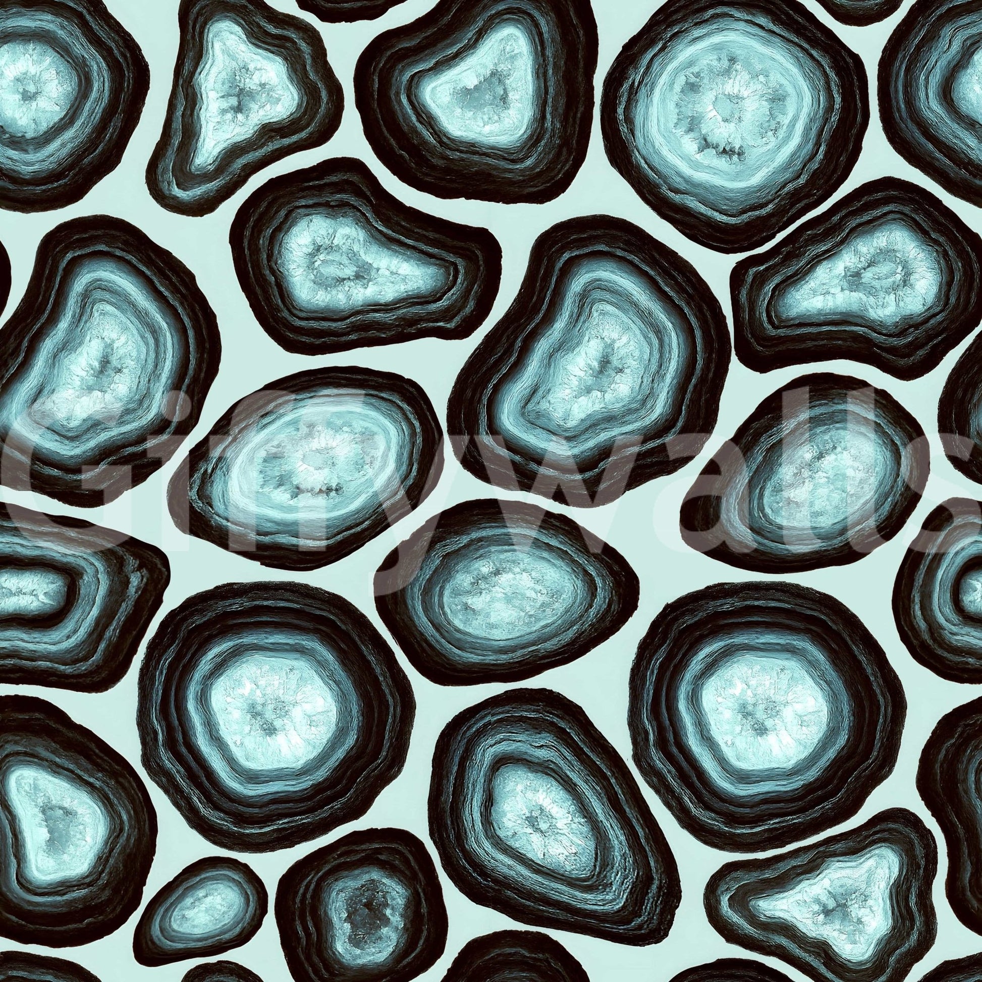 Striking Turquoise Agate Flow  mural, concentric rings, dark shapes.