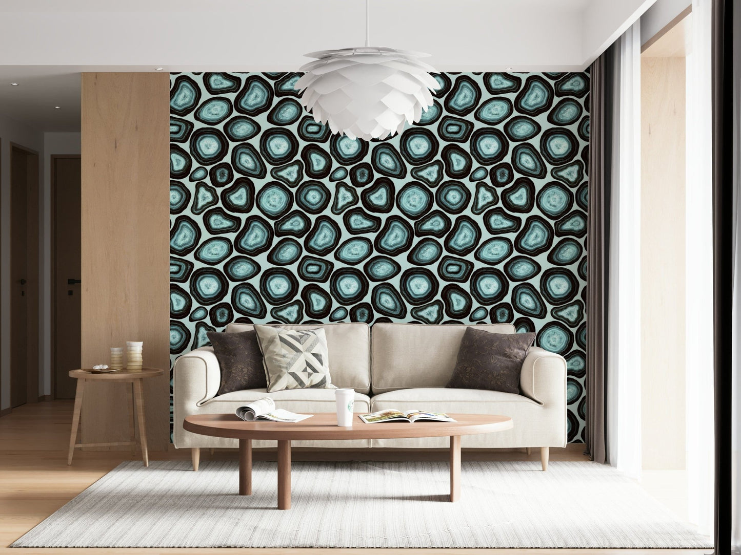 Seamless Turquoise Agate Flow print, crystal motif, jewel-toned wall decor.