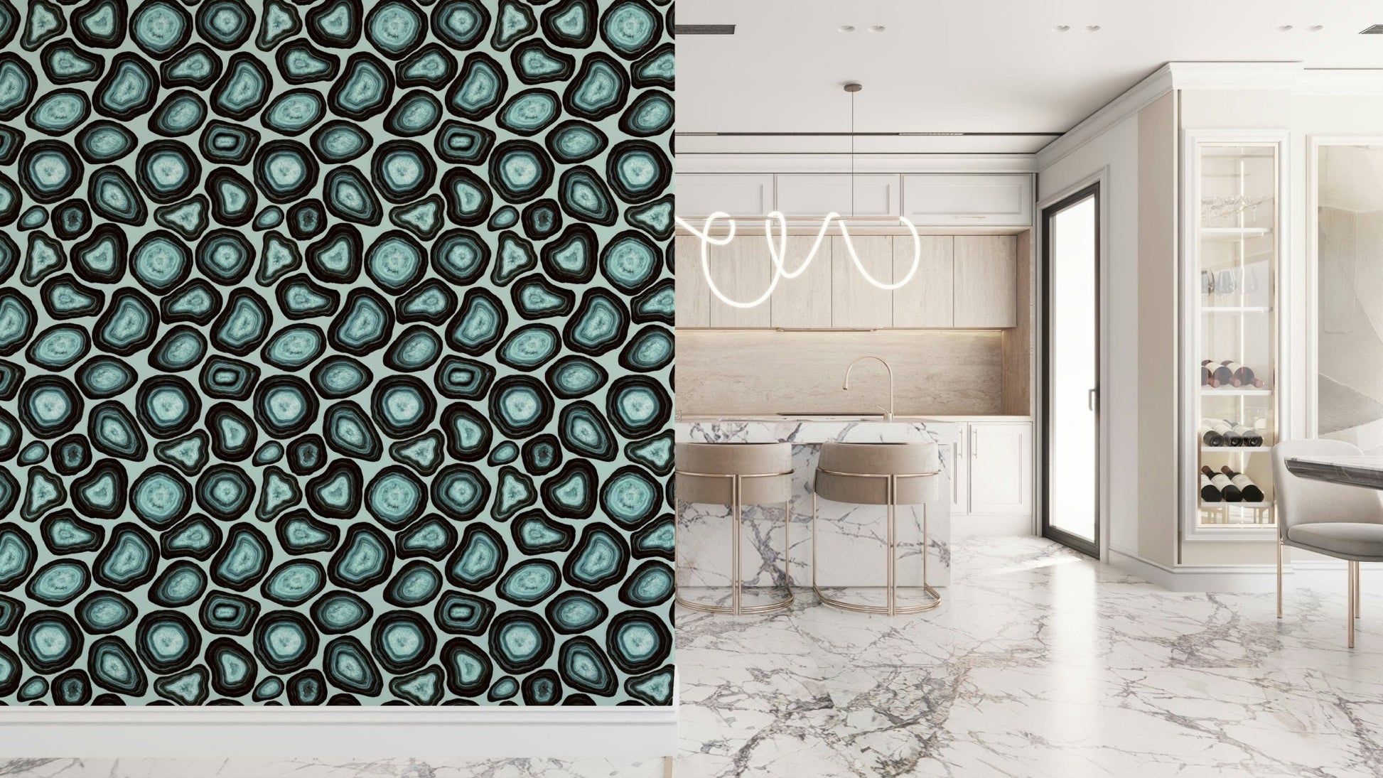 Turquoise Agate Flow wallpaper, mineral pattern, blue geode illustration.