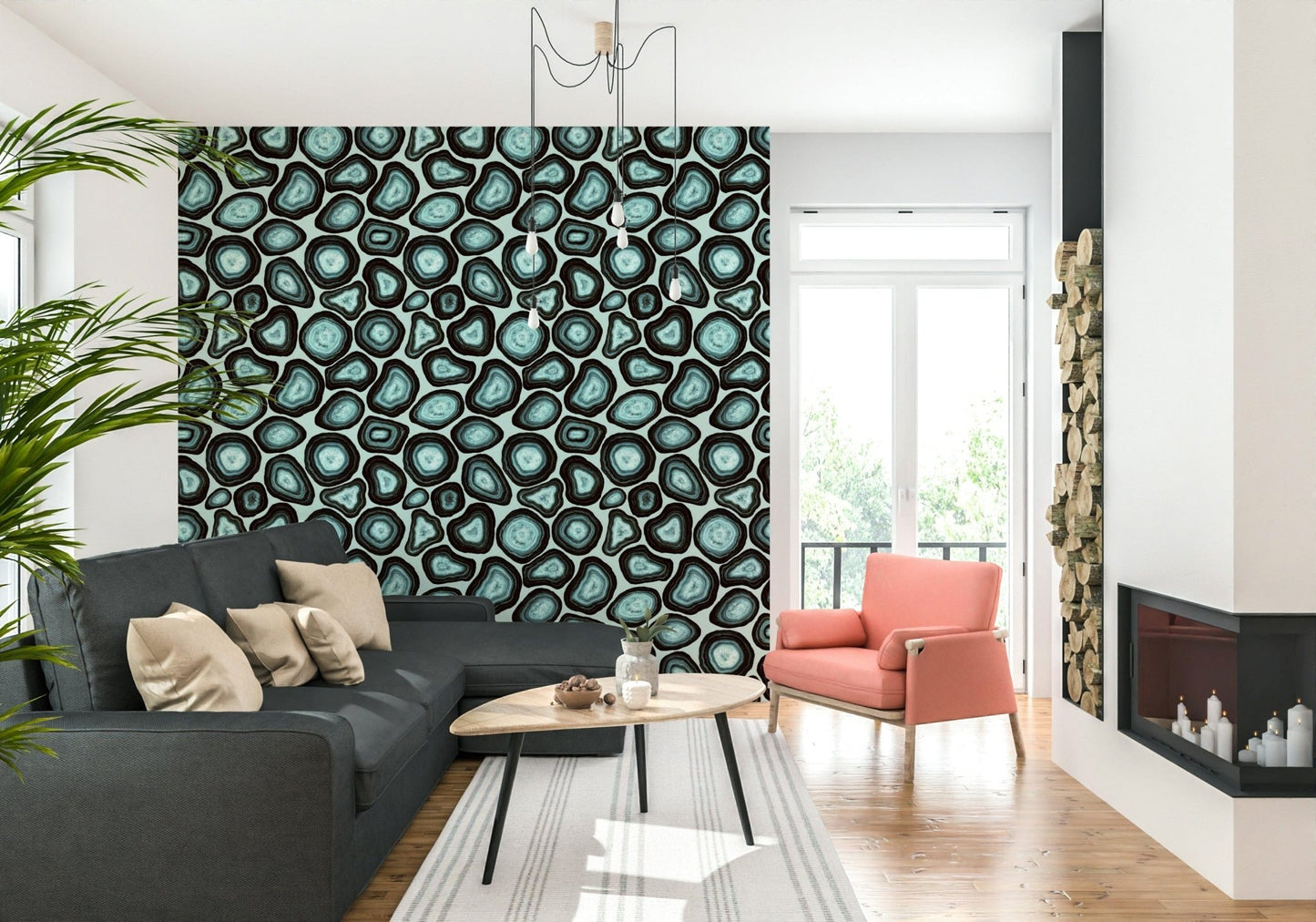 Artistic Turquoise Agate Flow wallpaper, teal geode slices, repeating pattern.