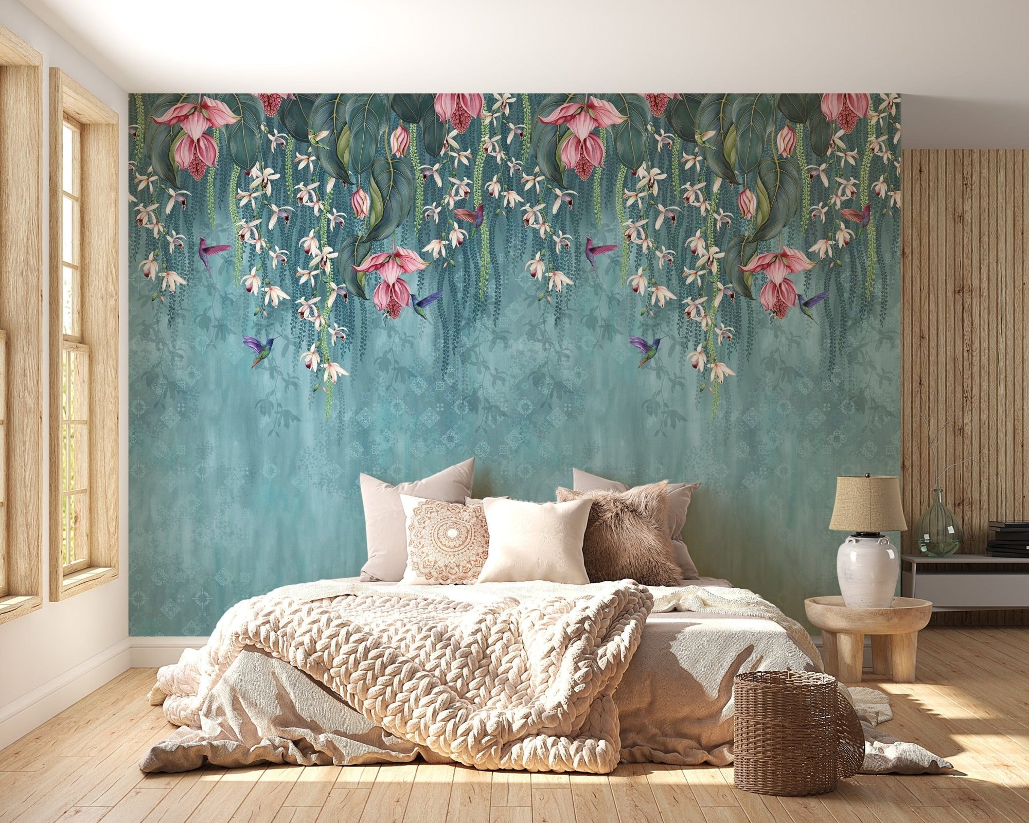Hanging Pink Flower on Turquoise Wallpaper A488
