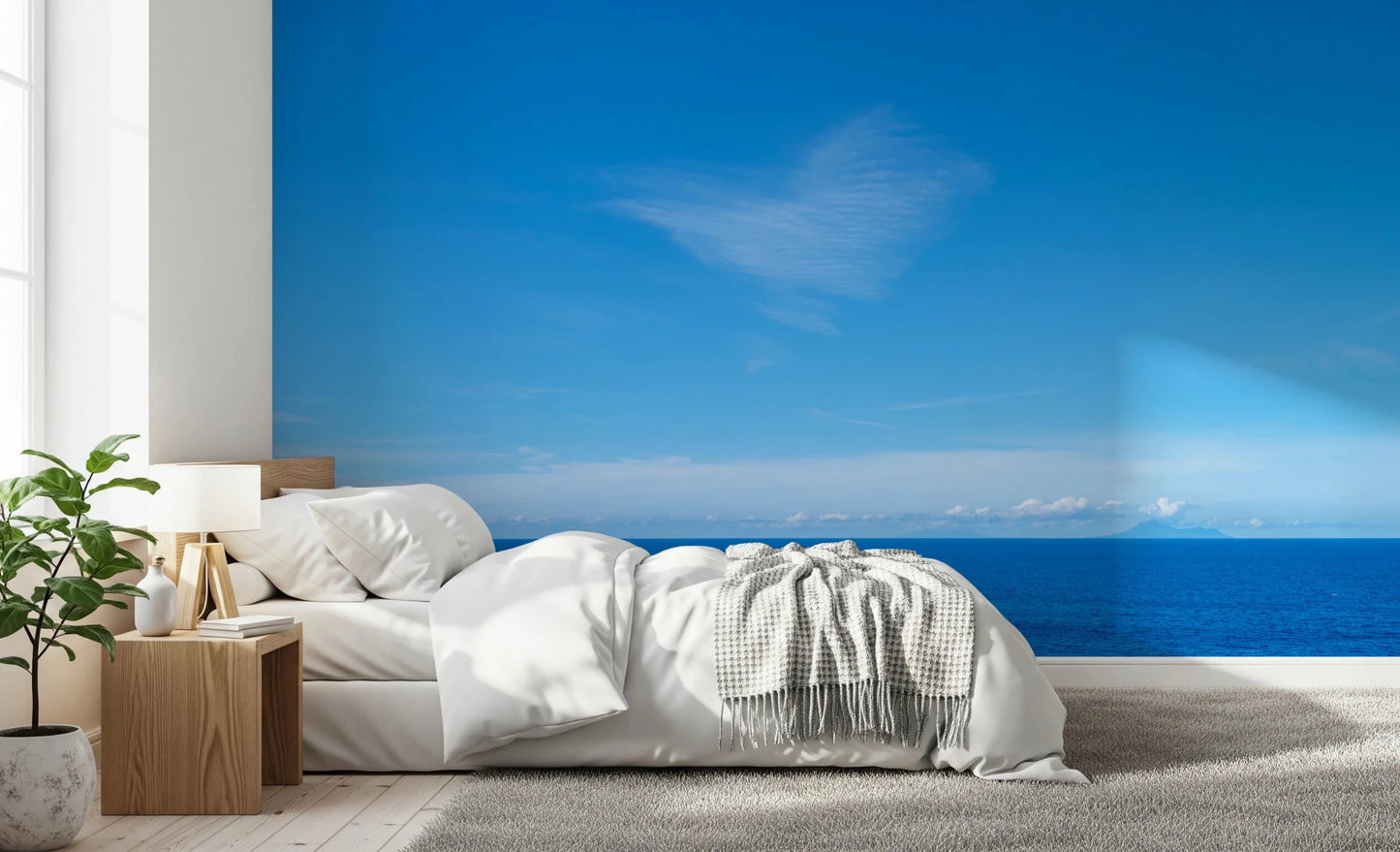 Calm bedroom styled with Turquoise Blue Sea Wall Mural beside a neatly dressed white bed, GD8863