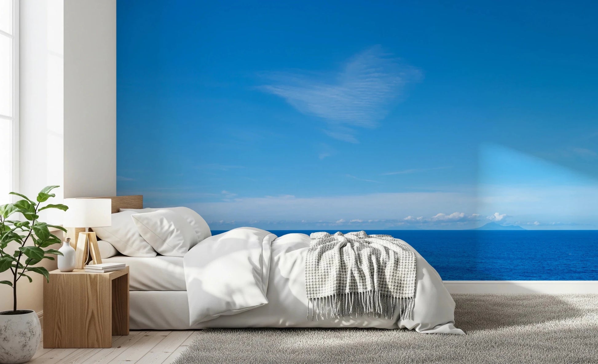 Calm bedroom styled with Turquoise Blue Sea Wall Mural beside a neatly dressed white bed, GD8863