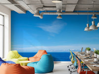 Office workplace using Turquoise Blue Sea Wall Mural behind colourful bean bag seating, GD8863