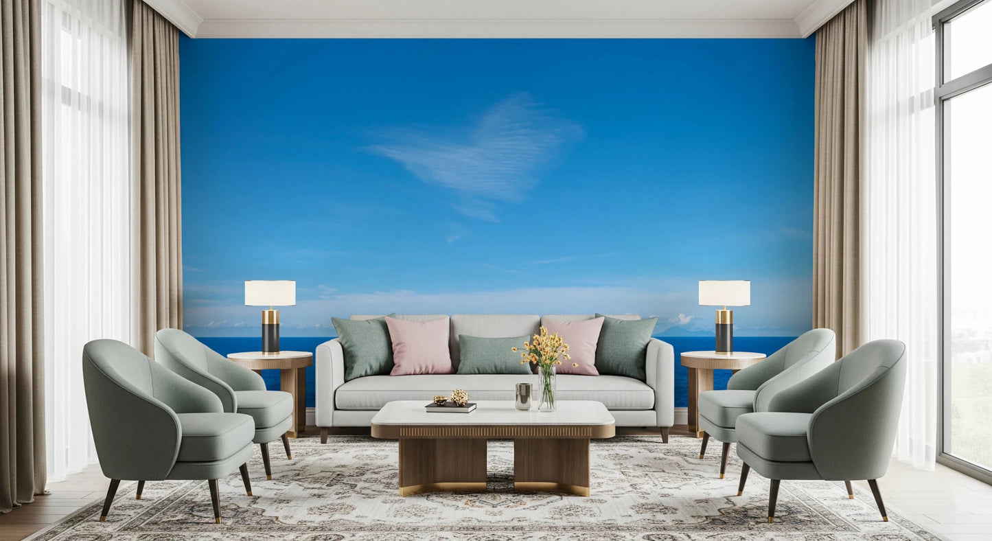 Bright Living room with Turquoise Blue Sea Wall Mural framed by soft curtains and a table set, GD8863