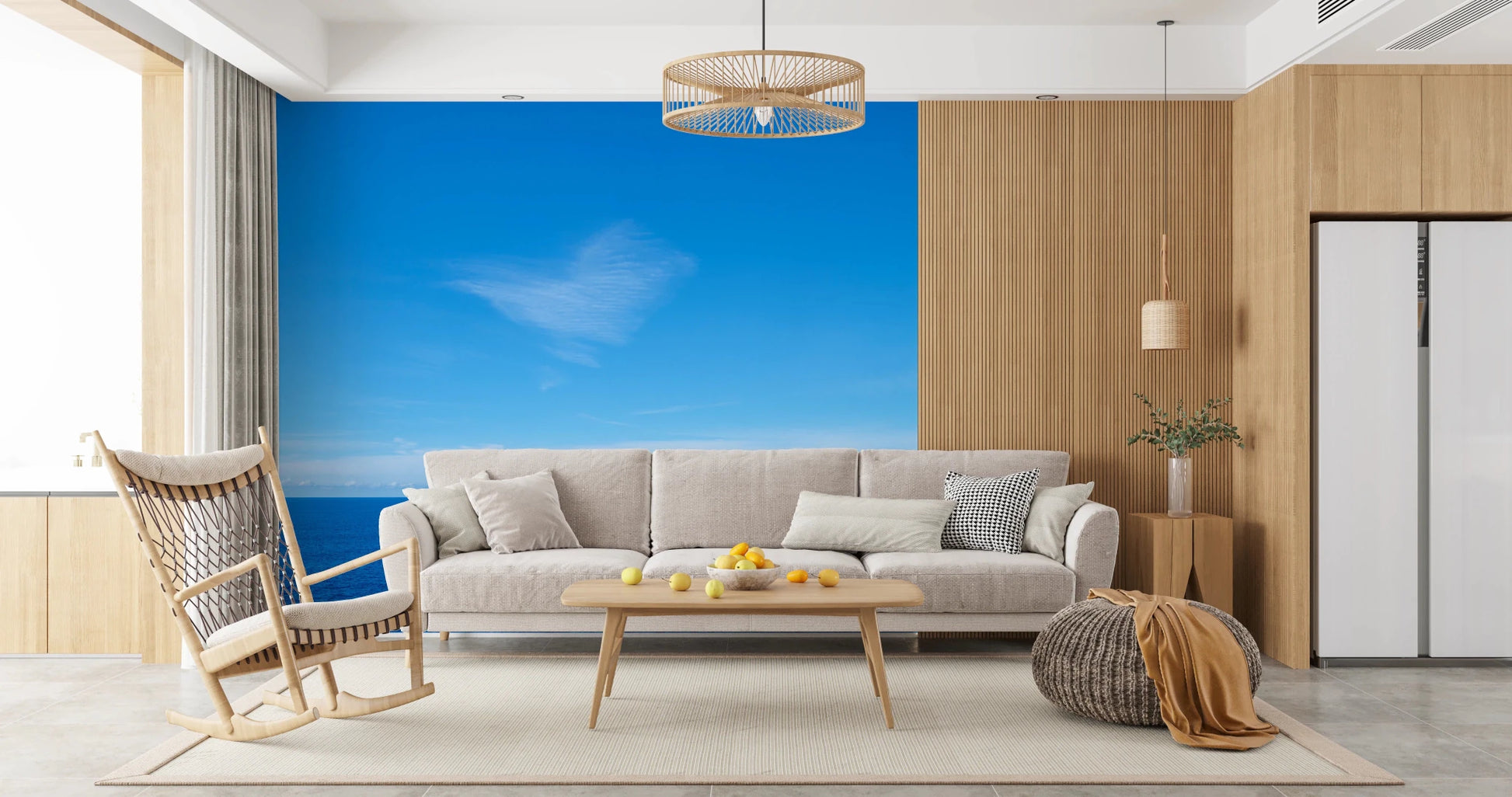 Warm living room with Turquoise Blue Sea Wall Mural above a light sofa and wooden accents, GD8863