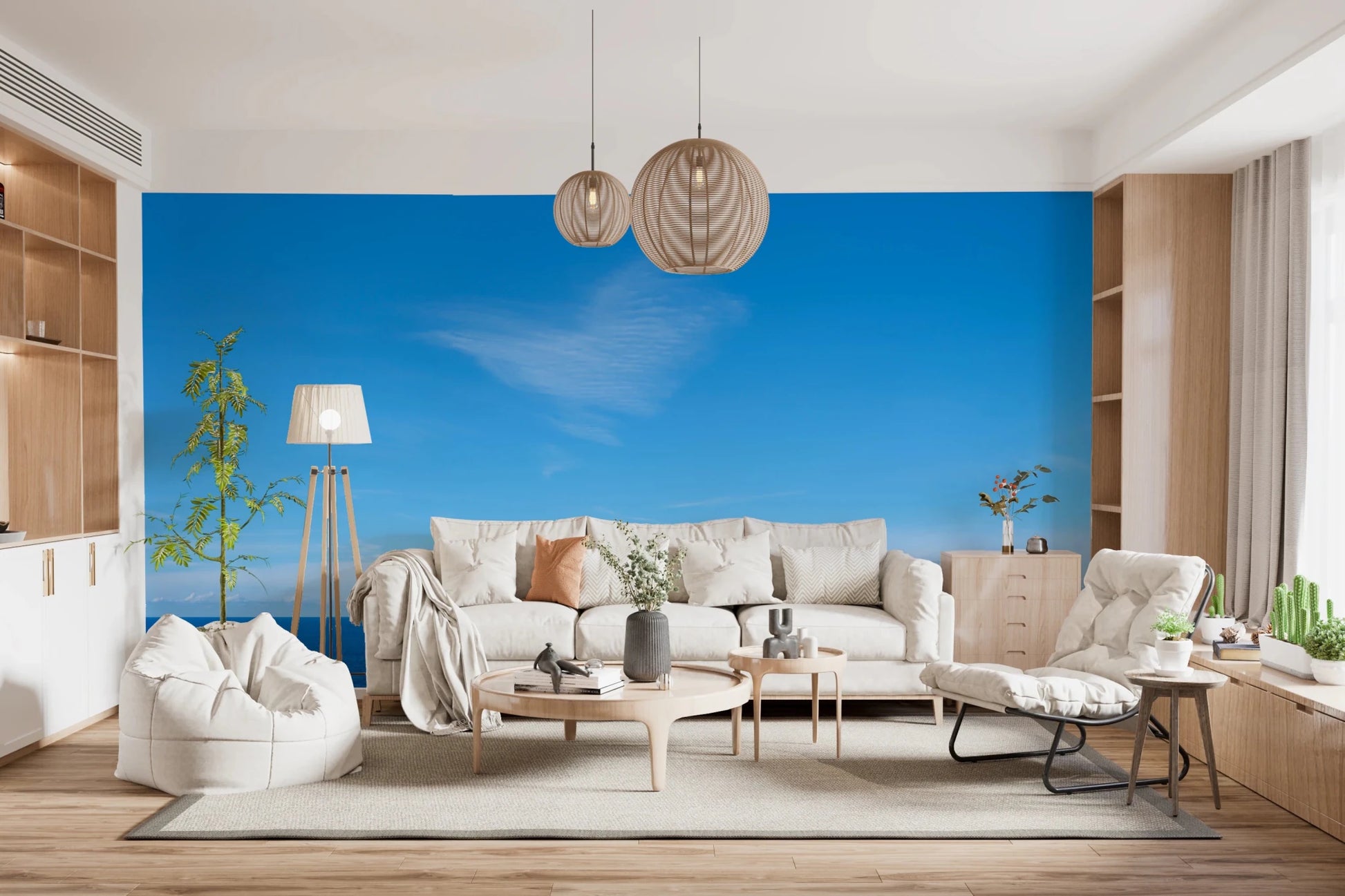 Soft Living room interior with Turquoise Blue Sea Wall Mural behind a bed and pendant lighting, GD8863