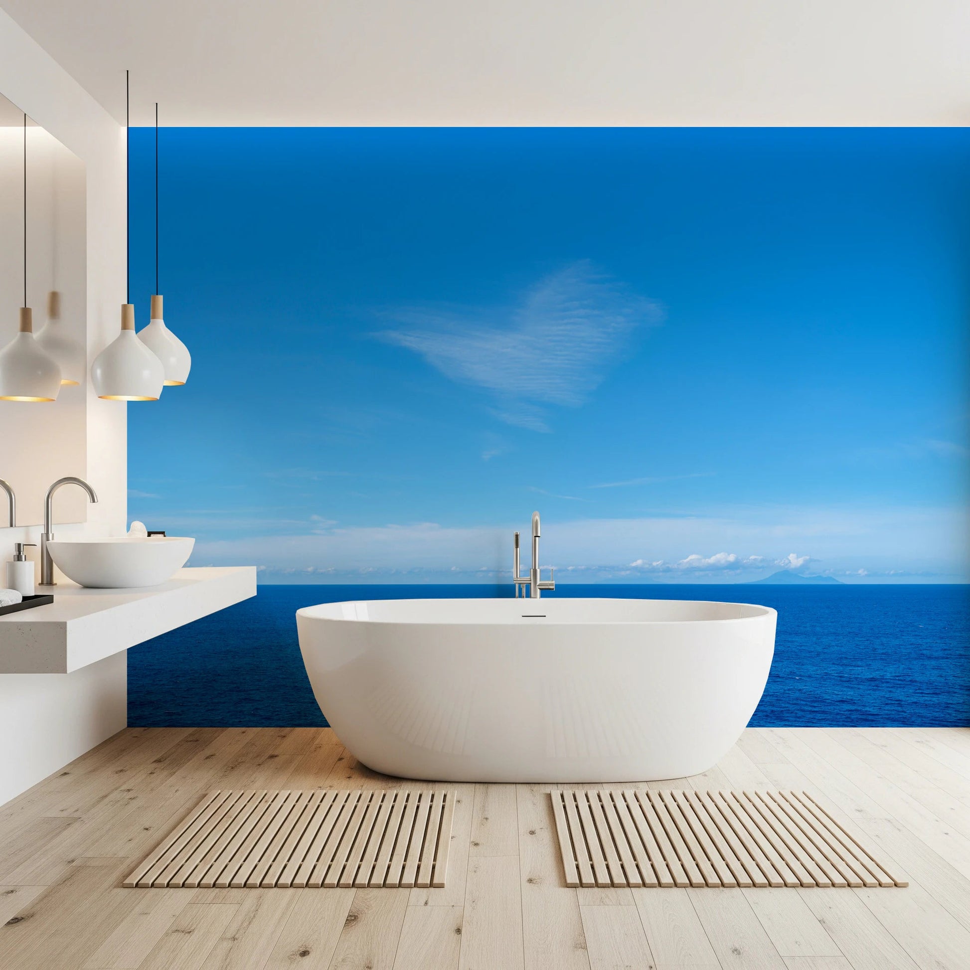 Modern bathroom with Turquoise Blue Sea Wall Mural behind a freestanding white bathtub, GD8863