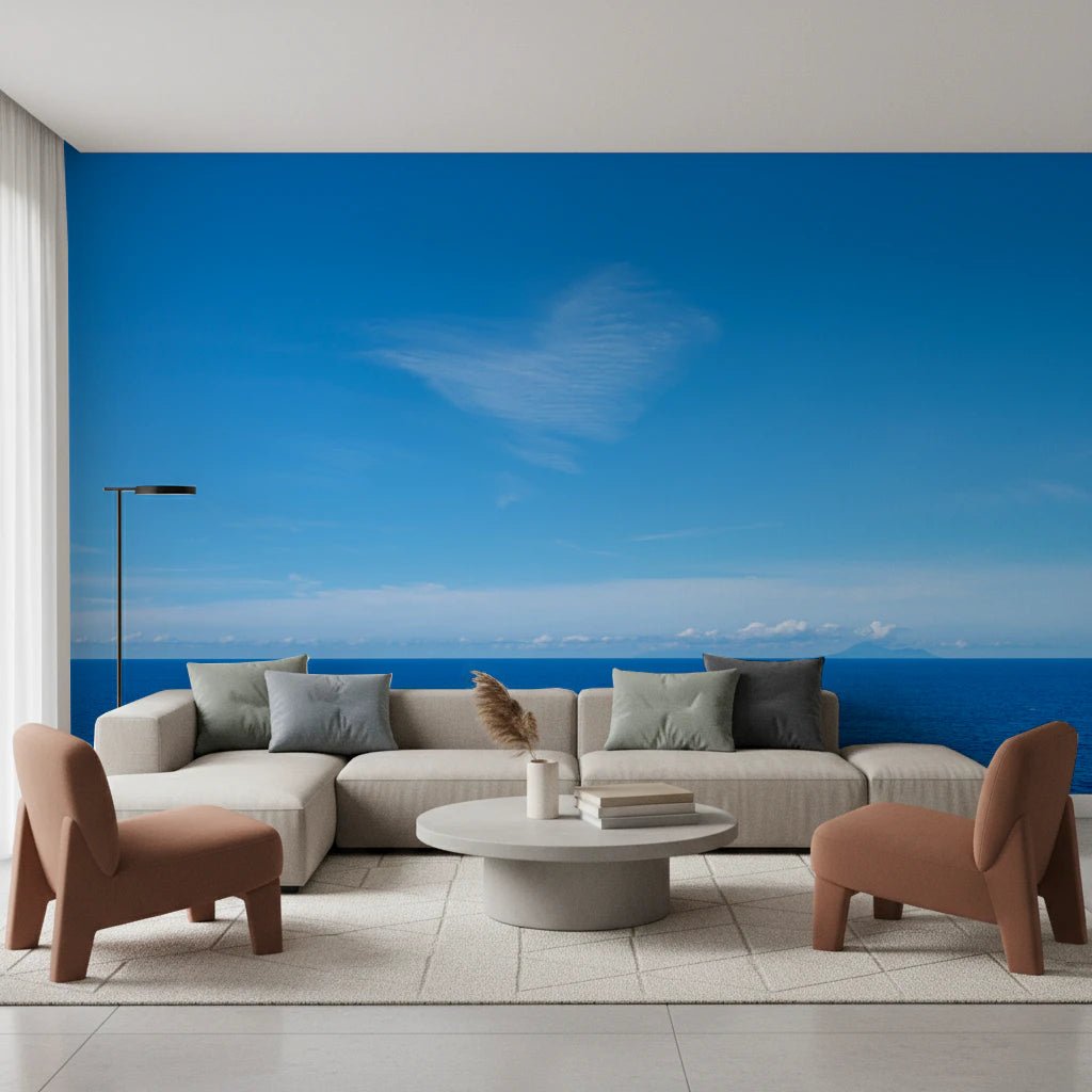 Cozy living room featuring Turquoise Blue Sea Wall Mural above tan seating and side chairs, GD8863