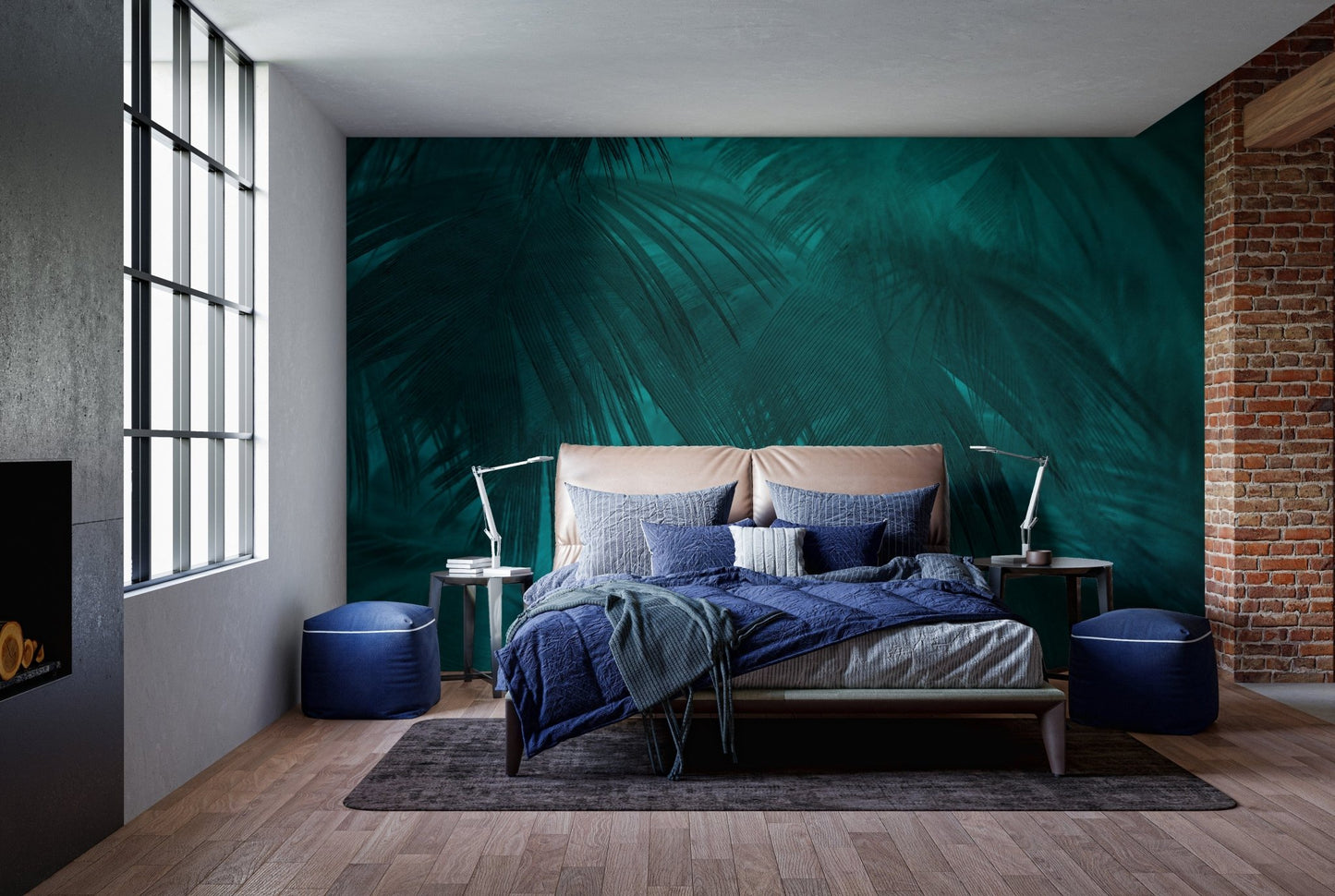 Elegant teal palm leaves wallpaper decor A589