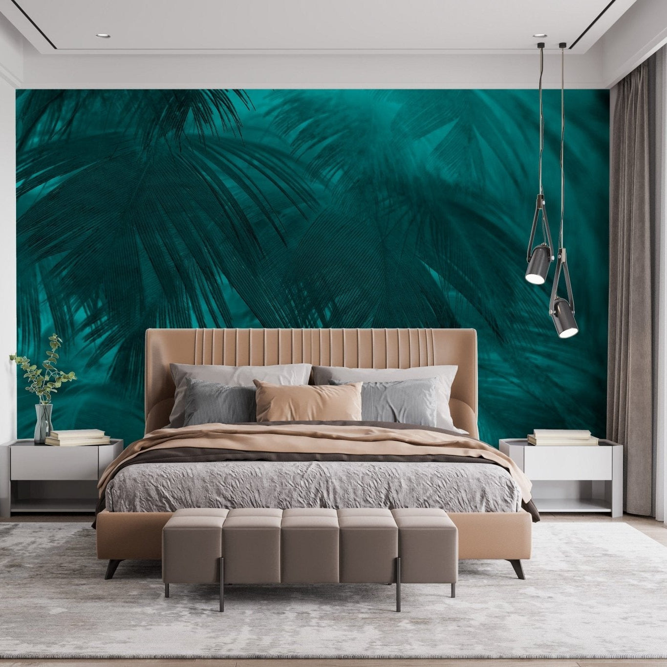 Turquoise Color Palm Tree Leaves Wallpaper Murals - Giffywalls A589