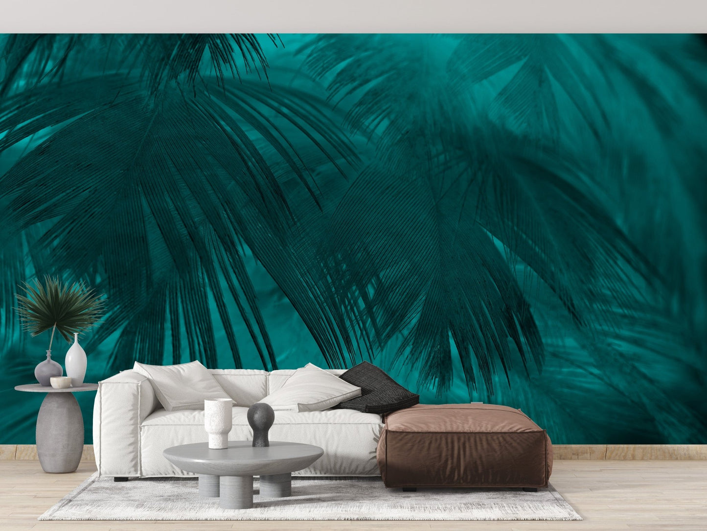 Tropical turquoise palm leaves wallpaper for living room A589