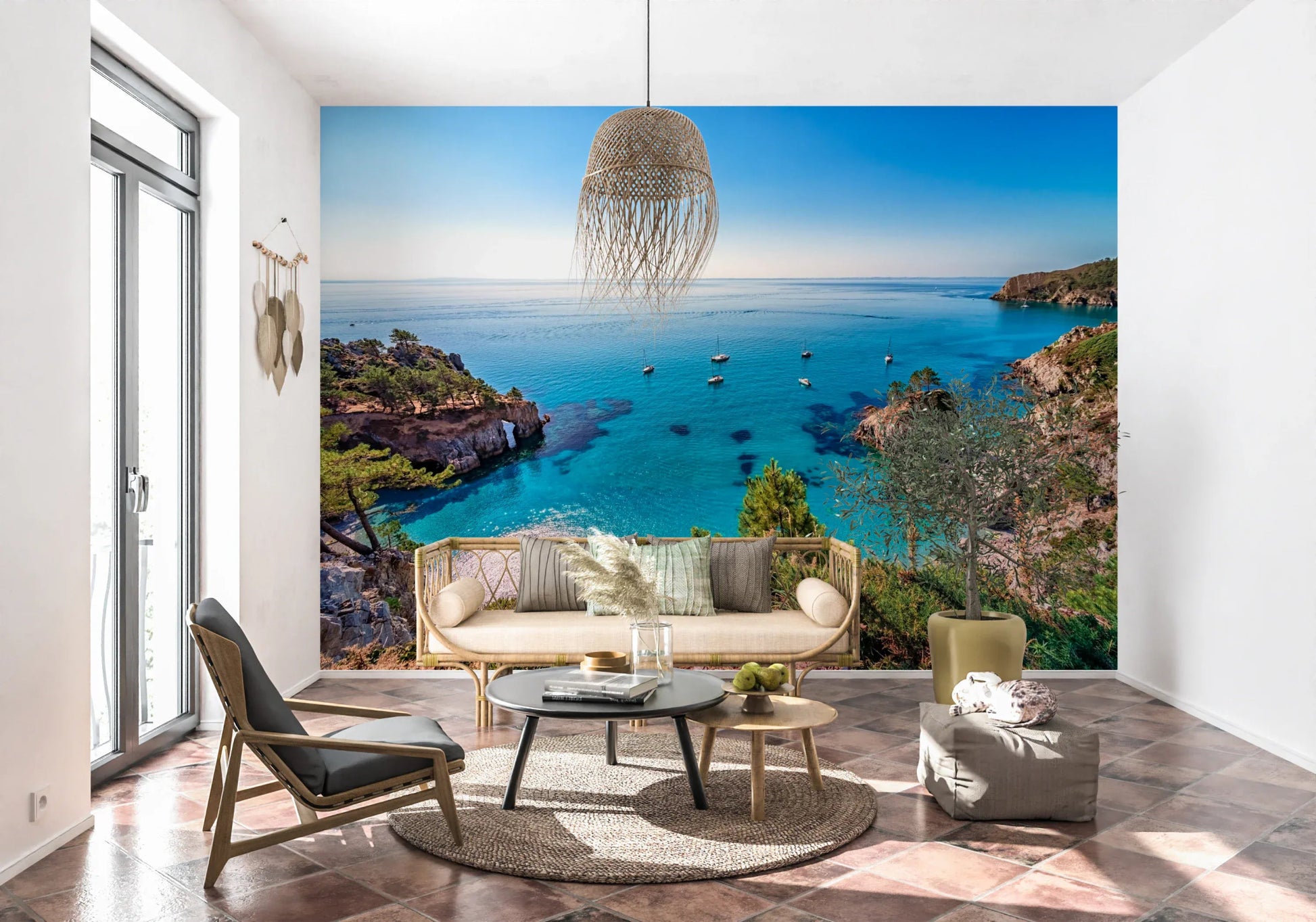 Turquoise cove escape wall mural with blue water in bedroom
