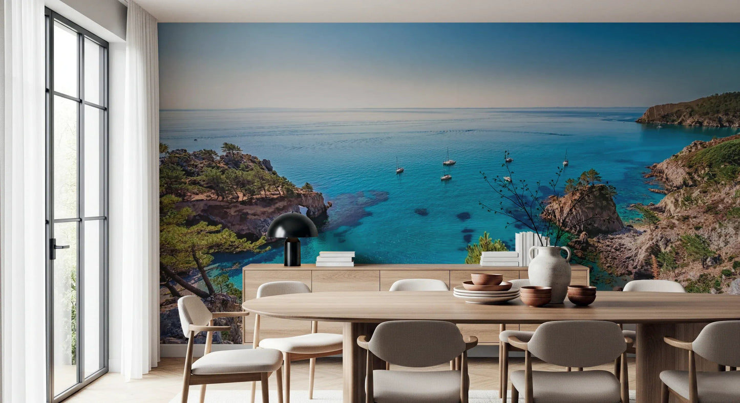 Tropical turquoise cove escape wall mural for dining space