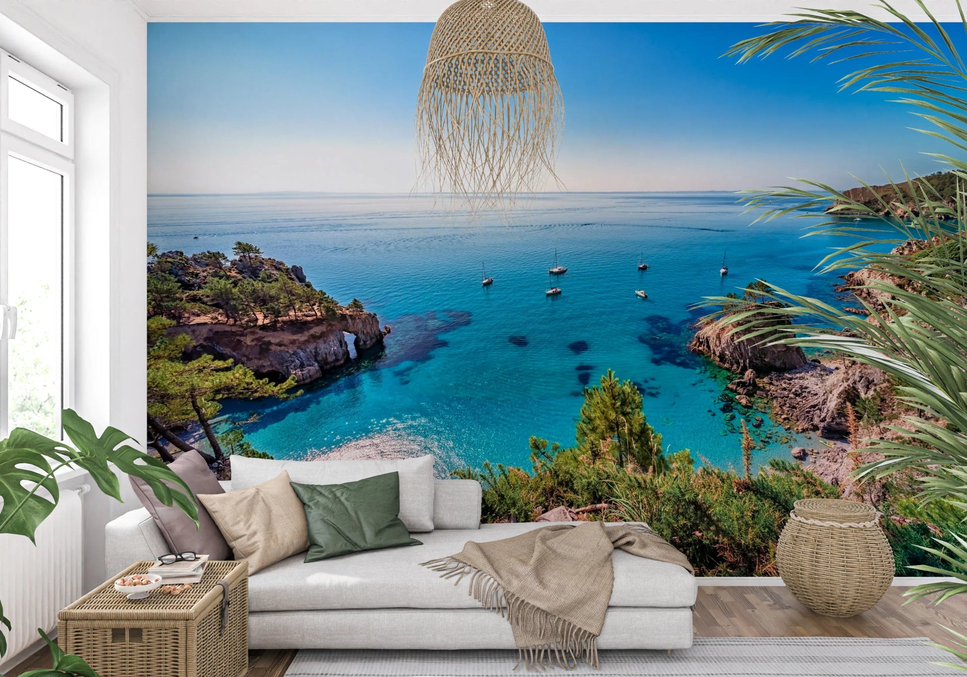 Bright turquoise cove escape wallpaper for home décor