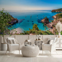 Coastal turquoise cove escape wall mural in modern office