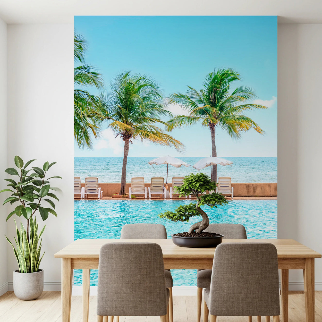 Dining room featuring Turquoise Escape wall mural and bright ocean horizon