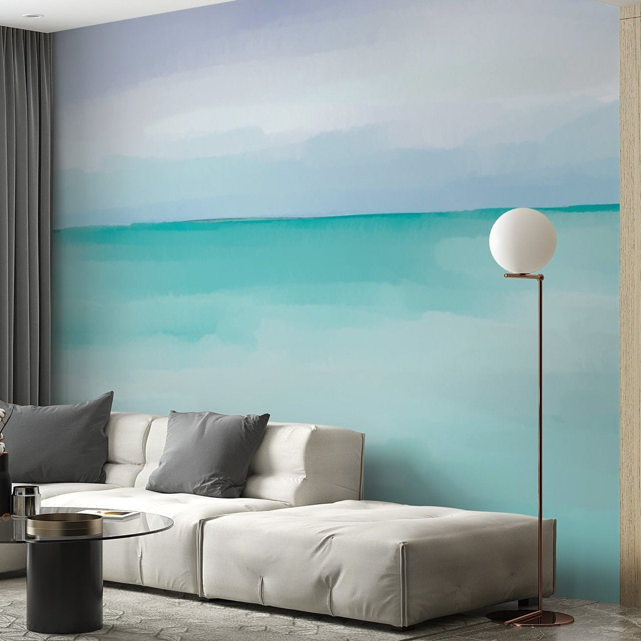 Soothing turquoise wallpaper with seascape design for living room, B458