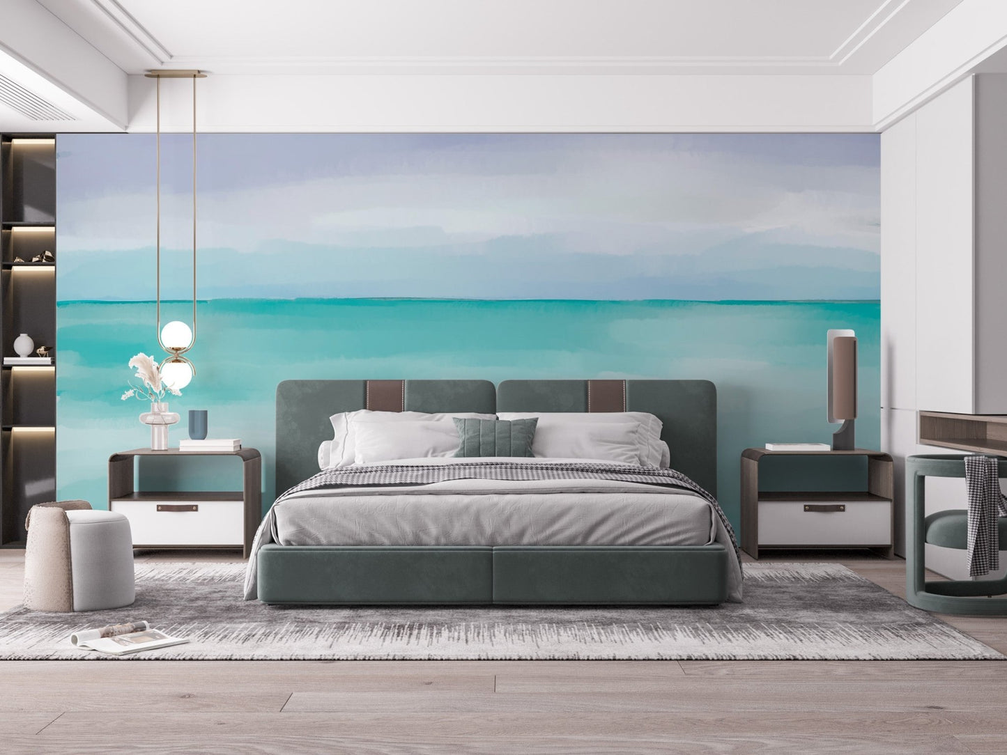 Ocean-inspired wall mural in calming tones for bedroom, B458