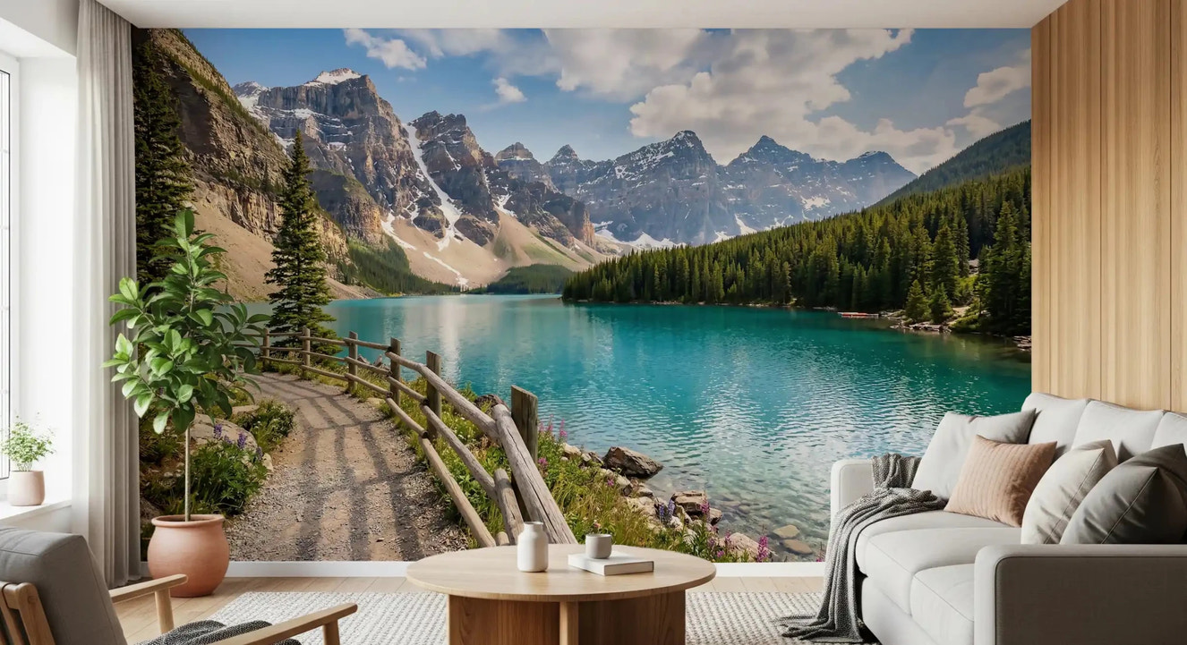 Living room with Turquoise Peaks & Pines wall mural lake view