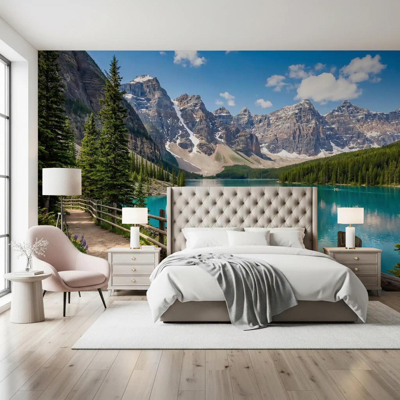 Bedroom styled in Turquoise Peaks Trail wall mural scene