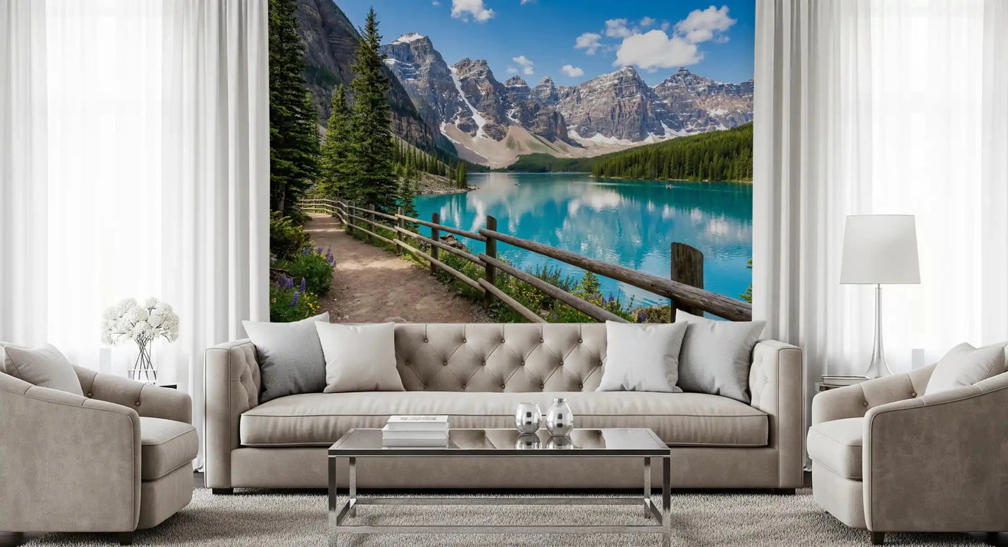 Living room with Turquoise Peaks Trail wall mural path view