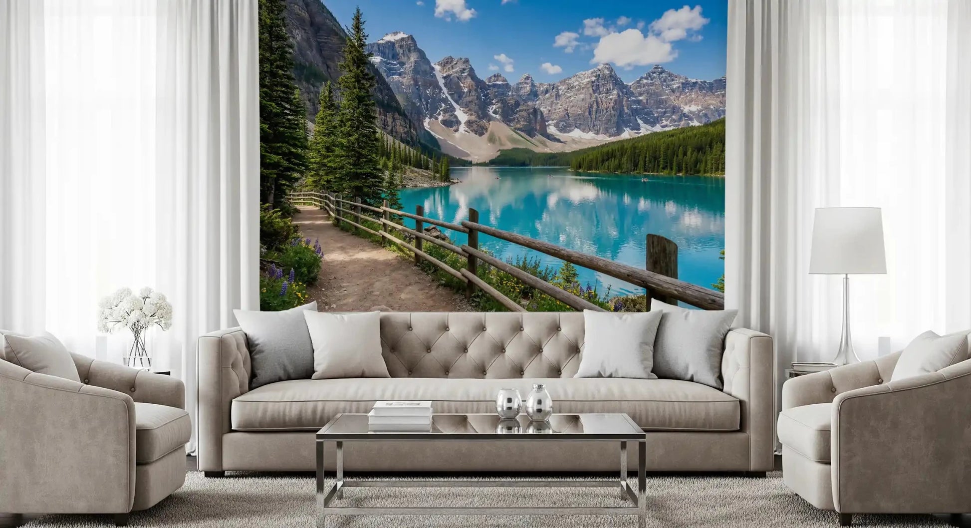 Living room with Turquoise Peaks Trail wall mural path view