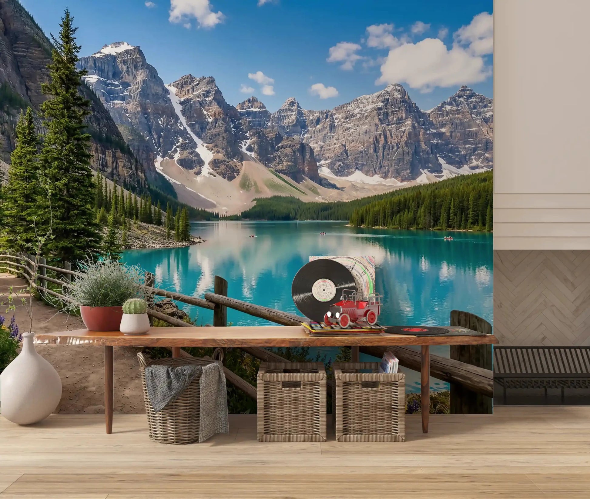 Turquoise Peaks Trail wall mural with wooden fence path