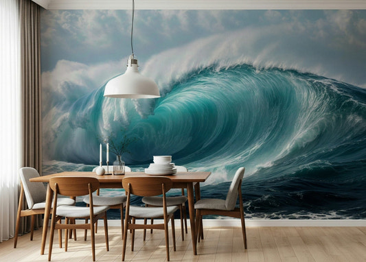 Turquoise Surge Wall Mural in a minimalist living room setting wallpaper.