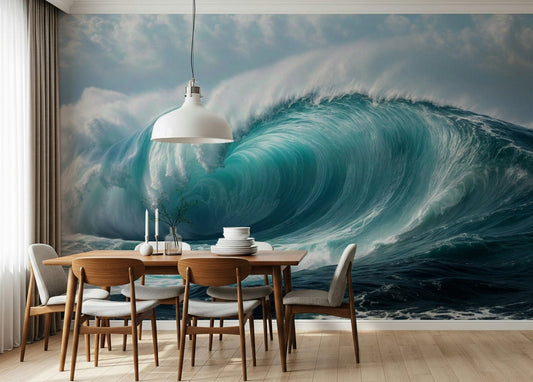 Turquoise Surge Wall Mural in a minimalist living room setting wallpaper.