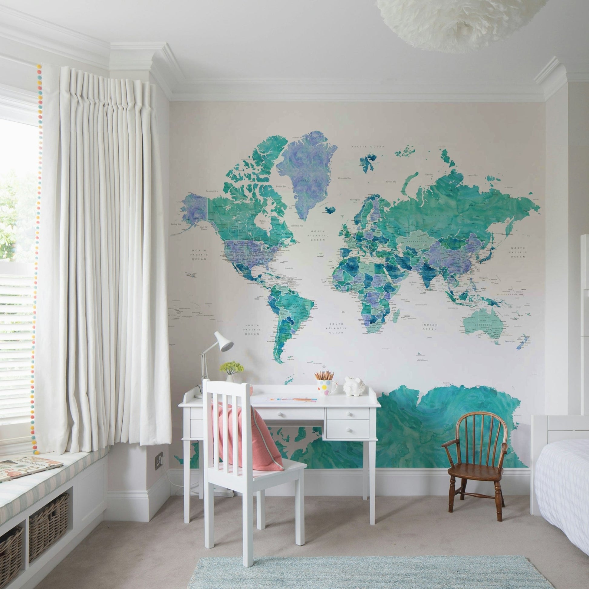 Turquoise watercolor world map for walls

