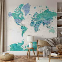 Turquoise watercolor world map wall art

