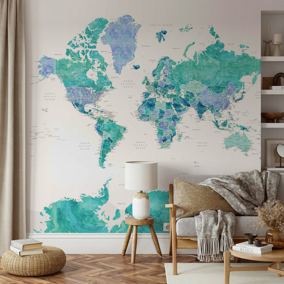 Turquoise watercolor world map wall art GD204

