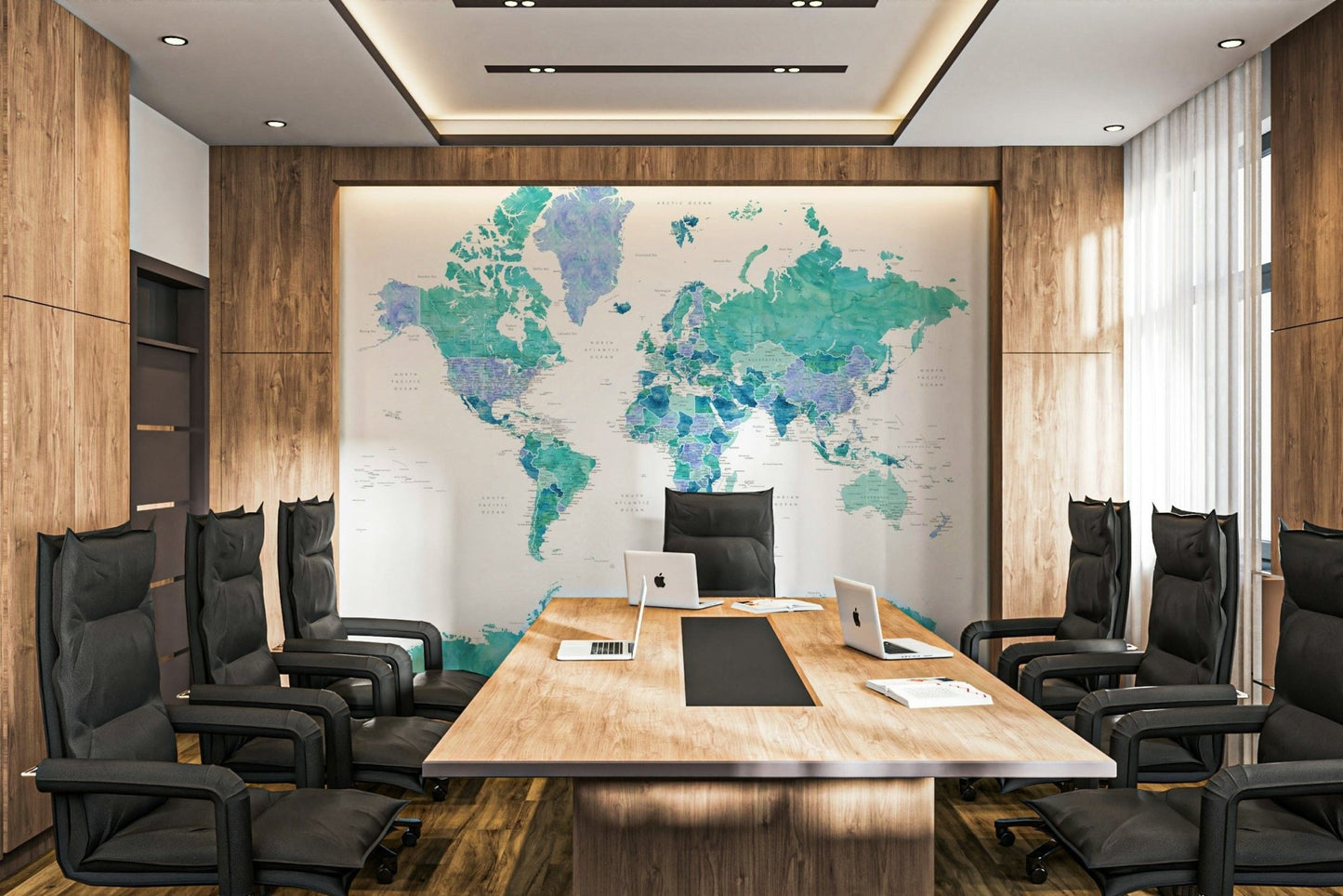 Watercolor world map in turquoise hues

